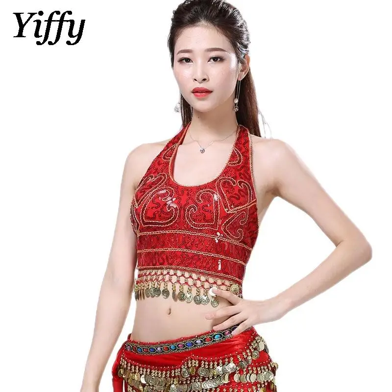 2023 Women Stage Performance Sequins Tassel Top Sexy Belly Dance Hanging Coin Bra Dancer Wear Performance Costume Accessories