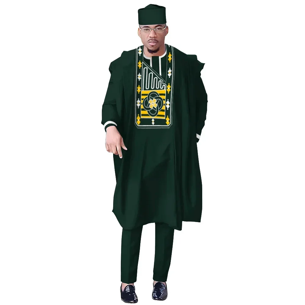Camicia tradizionale Boubou Pantaloni con cappello 4 pezzi Set Abiti da festa di nozze Abiti africani Bazin Riche Ankara Dashiki Uomo Agbada