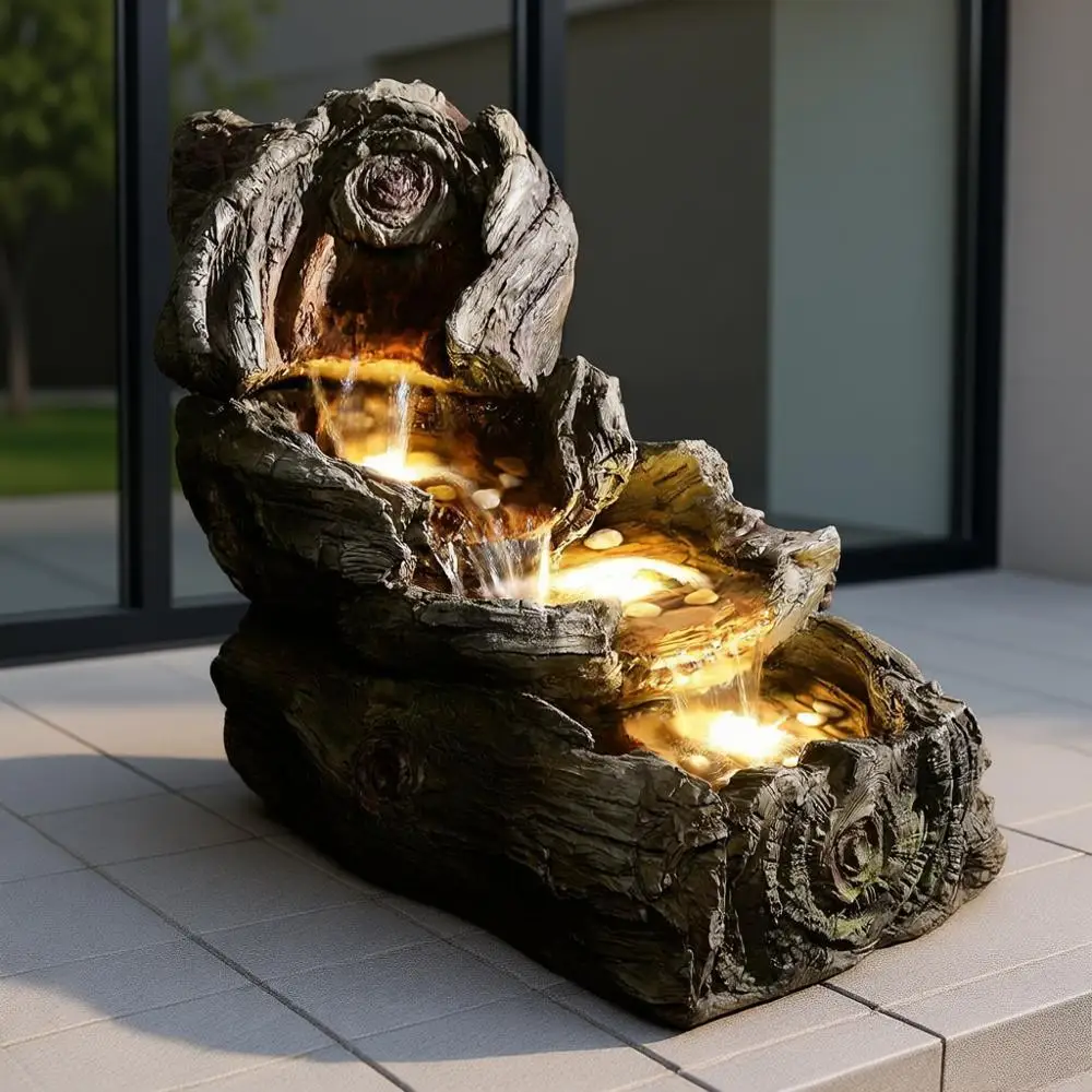 

31.5" L Garden Water Fountain Outdoor, Artifical Imitation Wood Outdoor Water Fountain Natural Waterfall with LED Lights for Pat