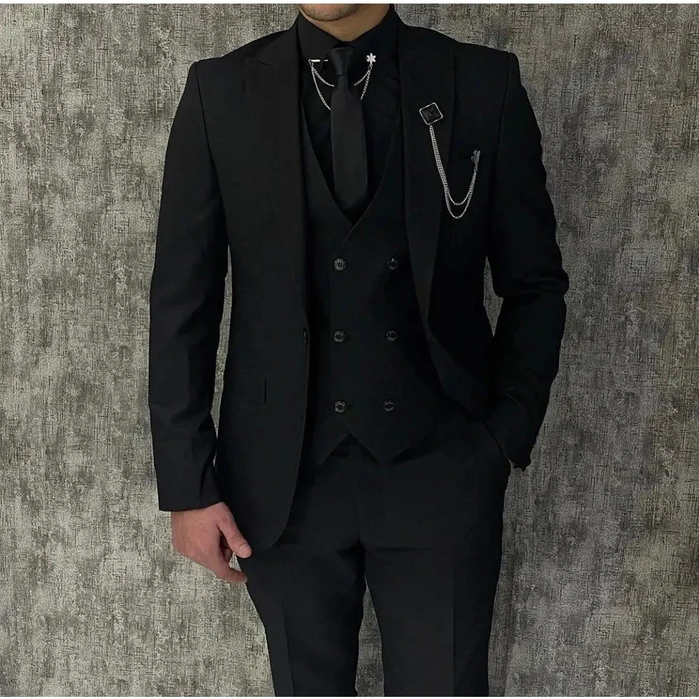 Conjunto de blazer formal de lapela masculino, ternos negros, festa de casamento de baile, traje personalizado de 3 peças, 1 botões