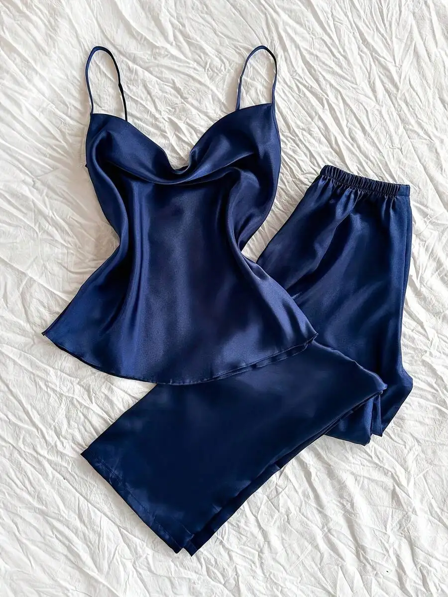 

Women Solid Color Satin Sleepwear Set Lightweight Draped Neck Camisole And Long Pants Elegant Loungewear