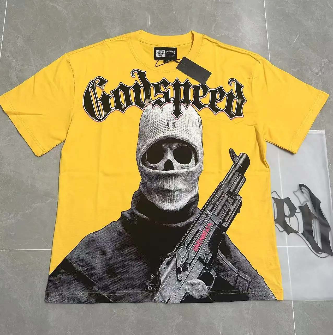 American Style Godspeed Skull Print Short Sleeve T-Shirt Vintage Worn Pure Cotton round Neck Youth Fashion Streetwear Citywalk