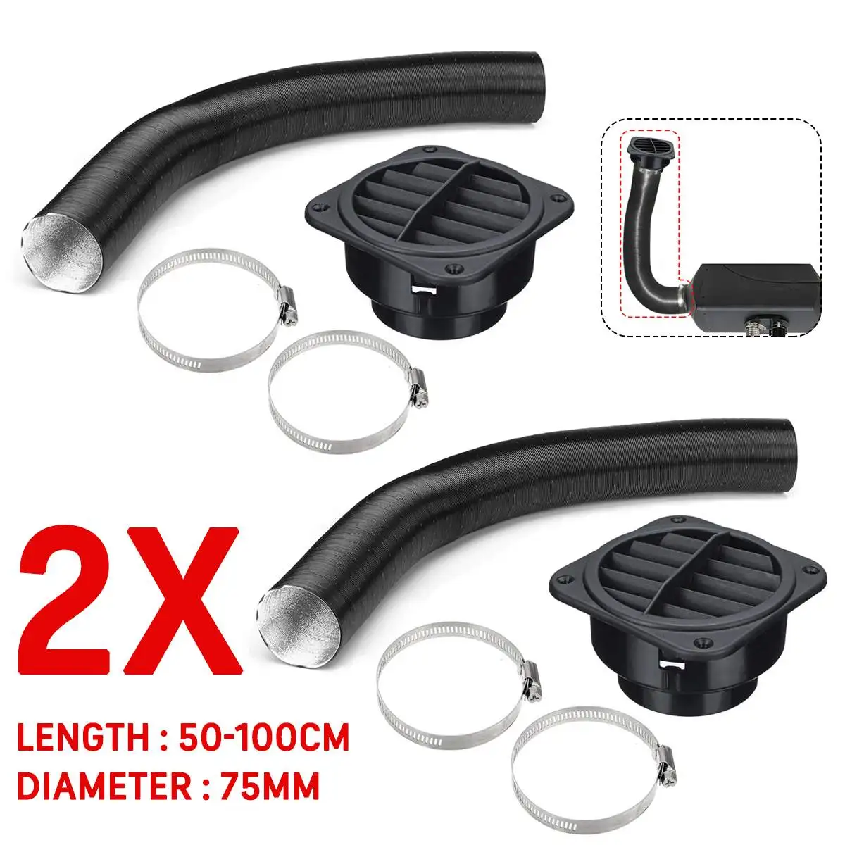 1/2/4sets 75mm Diesel Parking Heater Duct Ducting Pipe Air Vent w/Clips For Webasto Propex Eberspacher Air Heaters