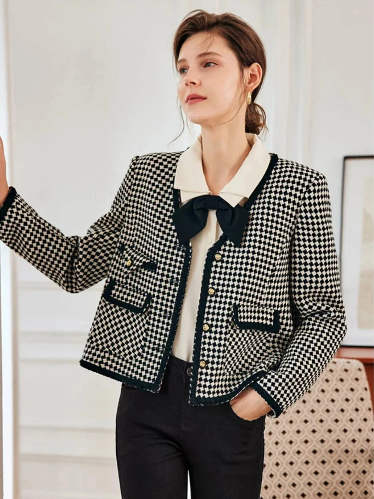 

OLrain French Style Women's Plaid Jackets 2025 Autumn New V Neck Long Sleeve Pockets Office Lady Elegant Outerwear O22QW63333