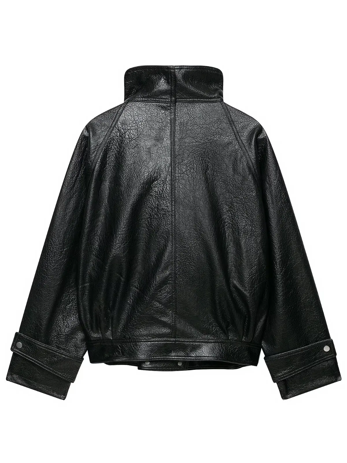 Women's Short Biker Style Leather Jacket Black Stand Collar Zipper Multi-Pocket PU Leather Effect Coat Spring Autumn Fashion