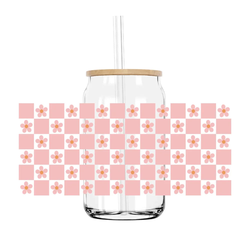 Pink Flowers 16OZ UV DTF Cup Wrap Transfers Stickers Custom Labels DIY Durable Waterproof Logo For Libbey Glass Can