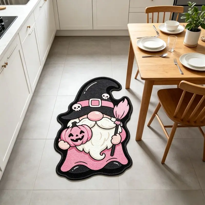 VIKAMA Pink Halloween Gnome Shaped Rug, Pumpkin Witch Hat Non Slip Floor Mat For Bedroom Entryway Holiday Decor