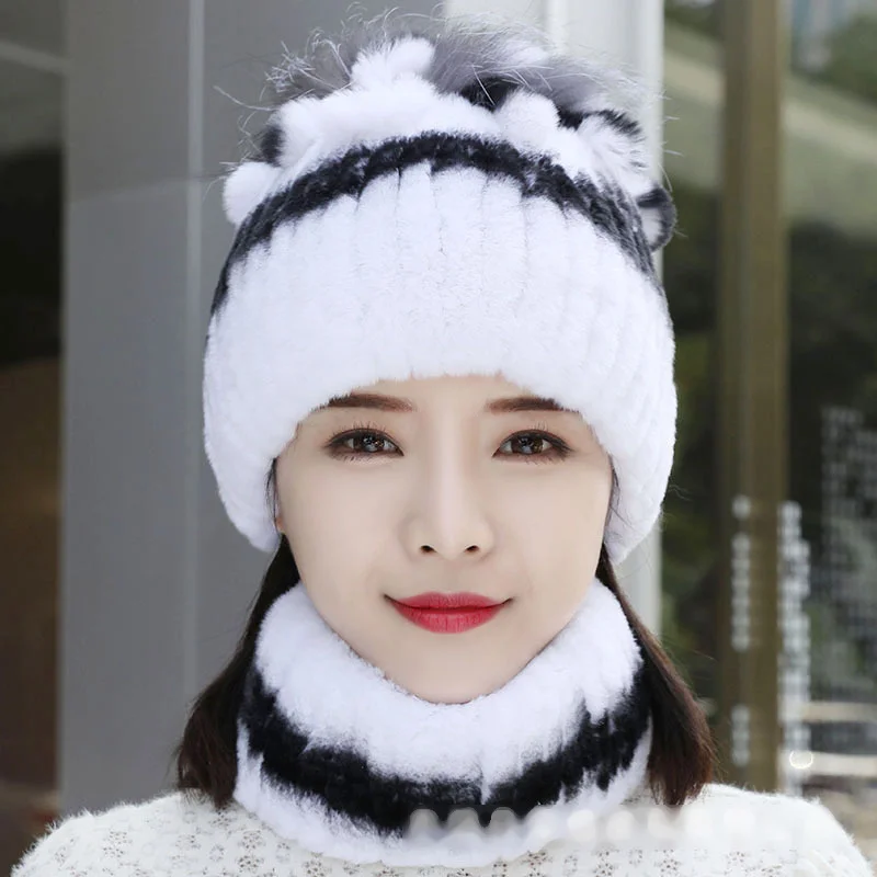 Women\'s Fur Hat Fur Cap Mask Set Hooded for Women Knitted  Neck Warm Balaclava Ski Windproof Hat Thick Plush Fluffy Beanies hood