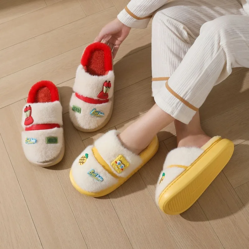 

SpongeBo 2026 New Autumn Winter Women's Cute Cartoon Plush Slippers Thick Sole Warm Indoor Home Cotton Slides Send to friends