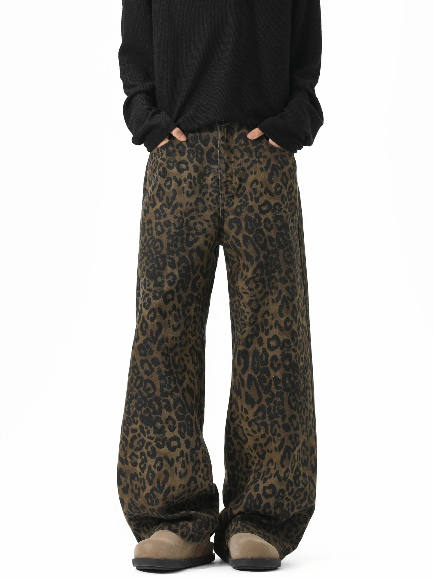 

Модные мужские джинсы в стиле американского ретро с леопардовым принтом, свободные, с широкими штанинами, повседневные, с высокой талией, из смесового хлопка и полиэстера, длинные брюки