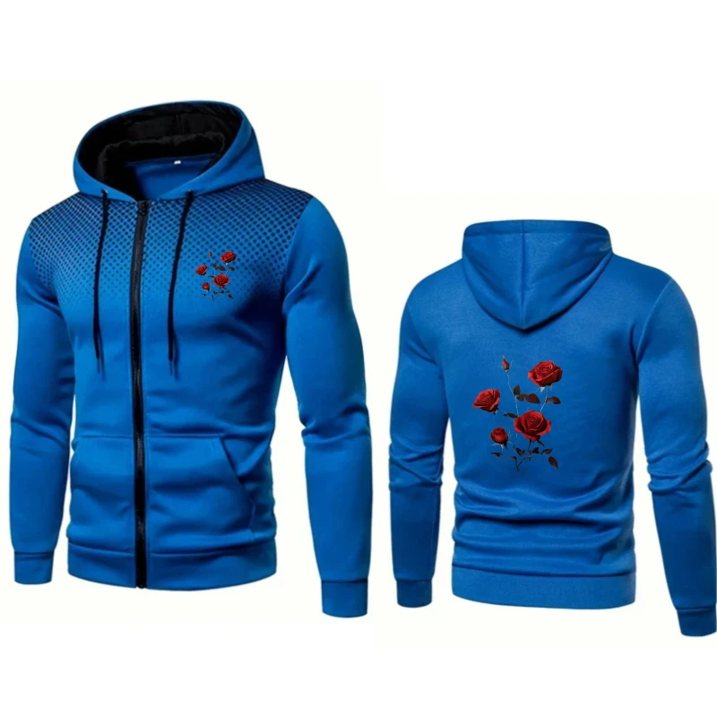 

Men's Hooded Jacket Blue Rose Flower Printed Zip-Up Sweatshirt for Casual Outdoor Sports and Daily Wear