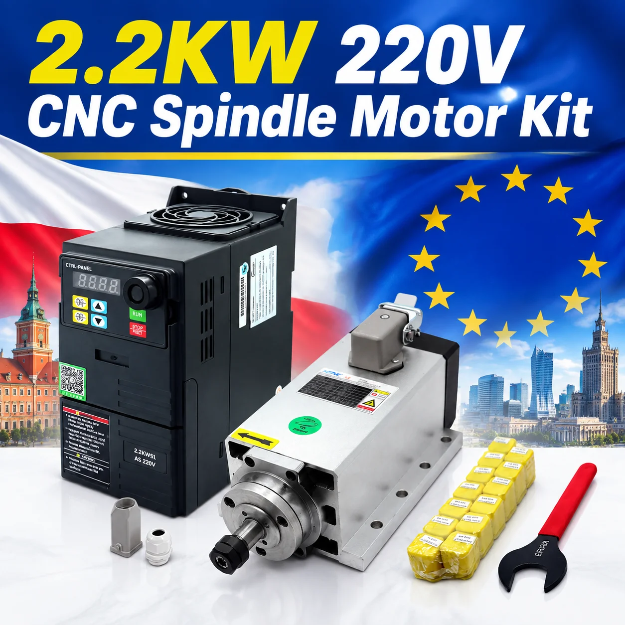 Kit motore mandrino CNC HTNC 2.2KW 220V ER20 24000RPM + Inverter VFD HS320 2.2KW 50/60Hz + 13 pezzi portapinze ER20 per fresatrice CNC