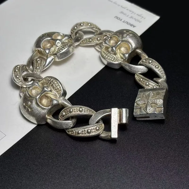 

Модный тибетский серебряный браслет ручной работы с изысканным черепом в стиле хип-хоп, модный мужской браслет-подвеска, модный персонализированный ювелирный подарок