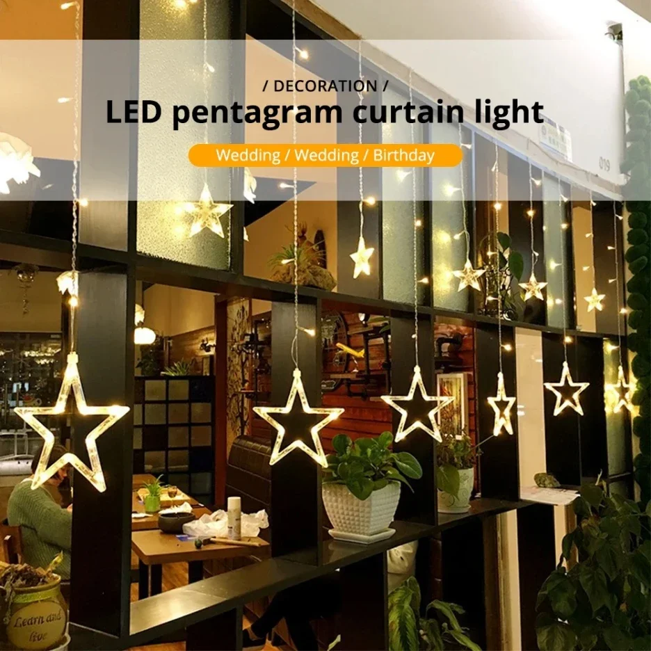 LED الخماسي الستار ضوء غرفة داخلية ديكور ضوء الزفاف عيد ميلاد التحكم عن بعد الستار مصباح سلسلة مع الذيل #3