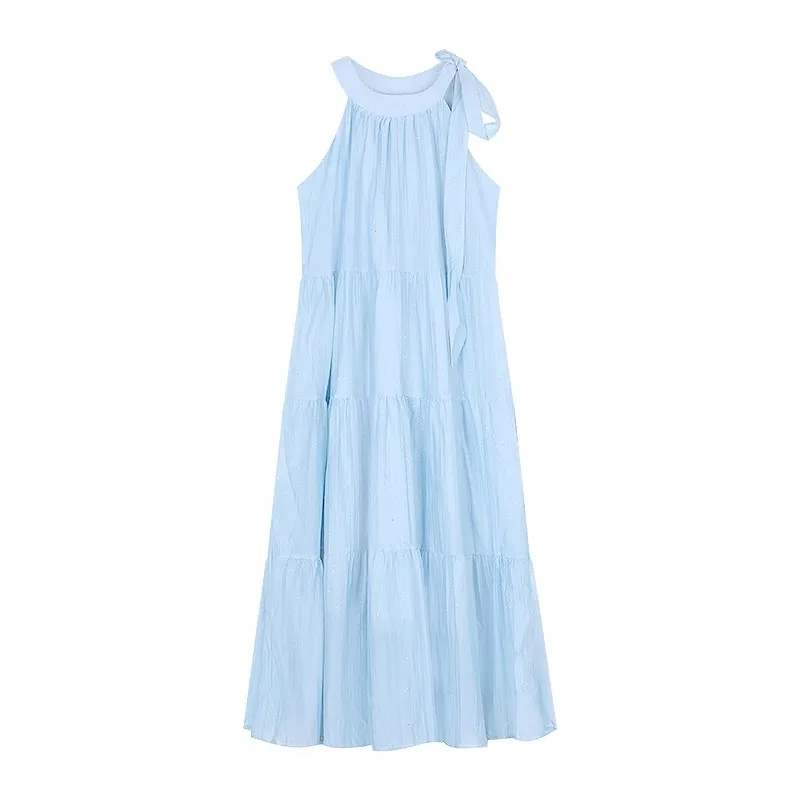 Sweet Women's Long Dress Halter Solid Sleeveless Casual Blue Camis Dresses Vintage Sexy Young Lady Skirts Summer Preppy Clothing