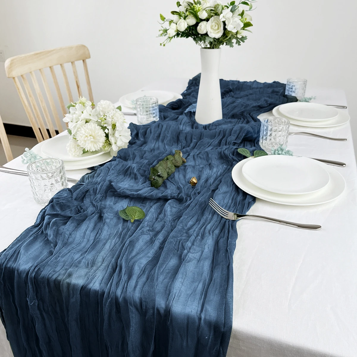 

Denim Blue Table Cover Semi-Sheer Gauze Table Runners Vintage Country Rustic Wedding Birthday Christmas Decoration for Home