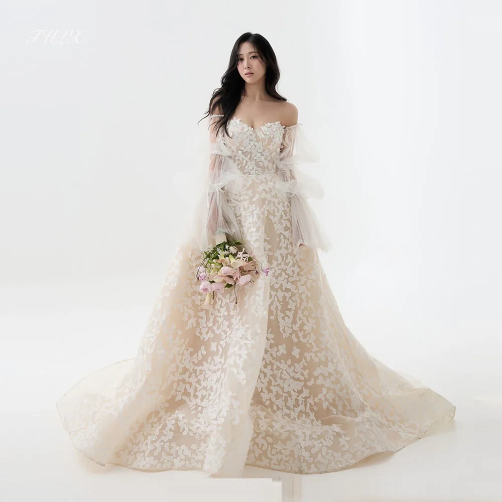 

TULX Luxury 3D Lace A line Long Wedding Dress Korea Photo Shoot Sweetheart Long Sleeves Bridal Gown Corset Customized 웨딩드레스