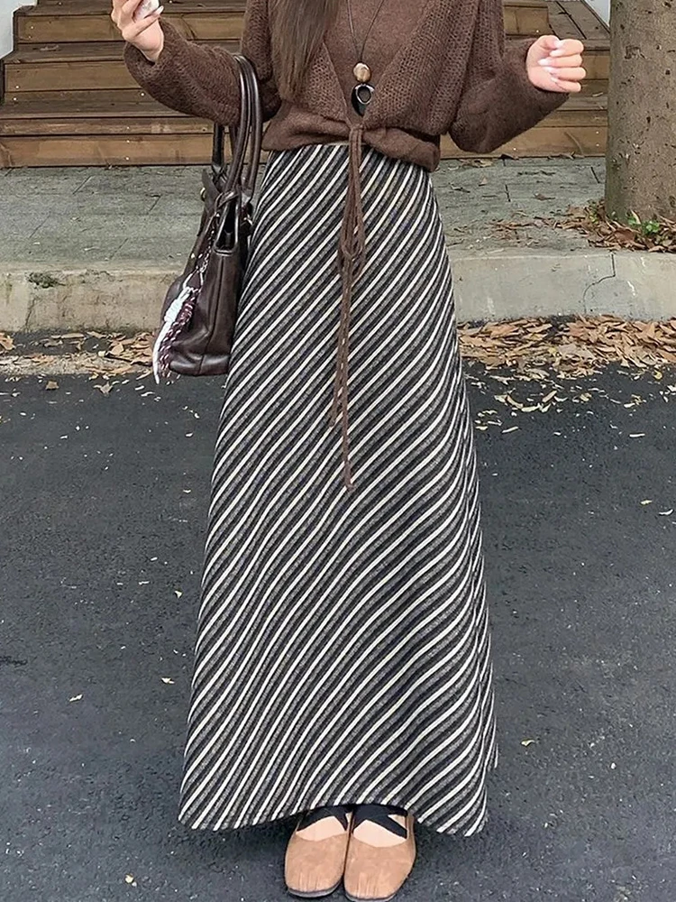 Vintage Woolen Long Skirt Women Diagonal Striped High Waist A Line Elegant Skirts Loose Casual Office Lady Fall Winter Skirt New