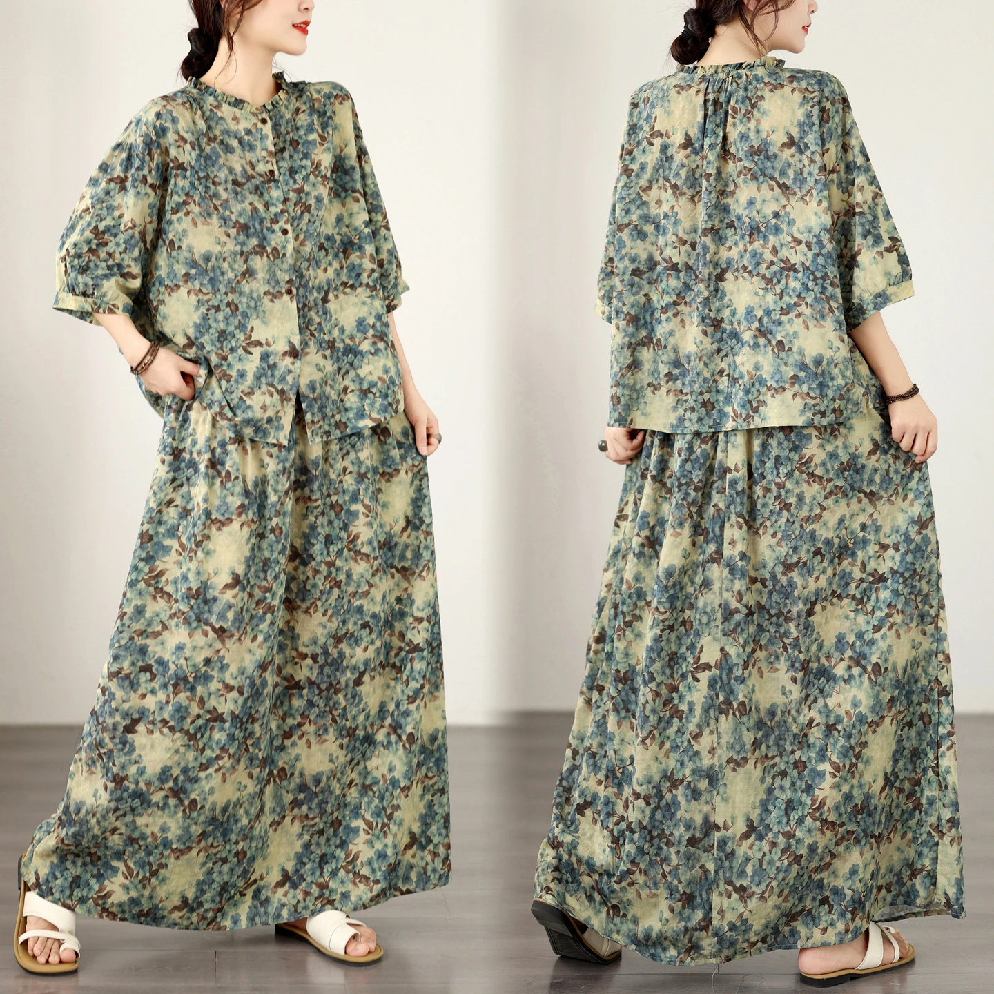 

Summer 2026 New Cotton Linen Set Loose Top Half Skirt Two Piece Set plus Size Women Slimming Anti Aging Meat Covering