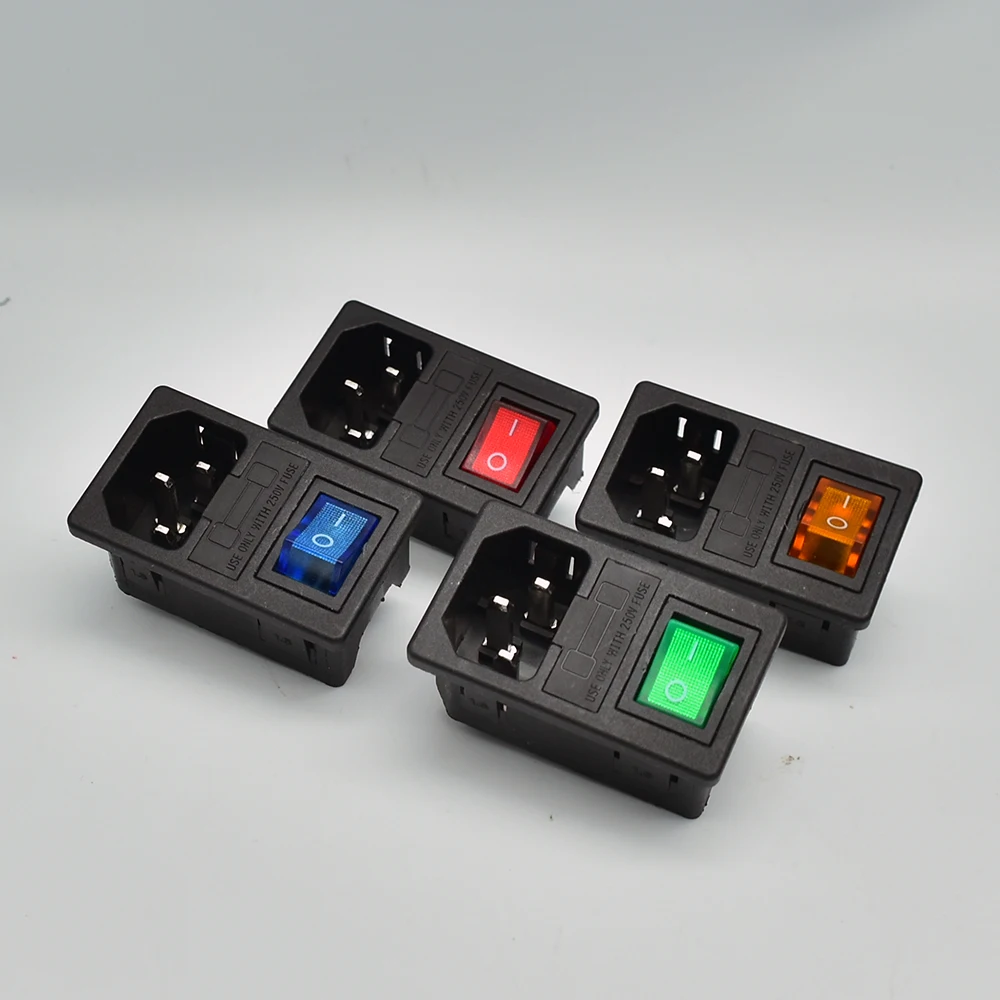 With 10A Fuse! Red Rocker Switch Fused IEC320 C14 Inlet Power Socket Fuse Switch Connector Plug Connector Red Green Blue yellow