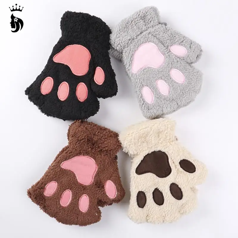 Gants de dessin animé de patte de chat de demi-doigt, mitaines en peluche floues épaisses, chauffe-mains sans doigts d\'aviation, mignons et chauds,