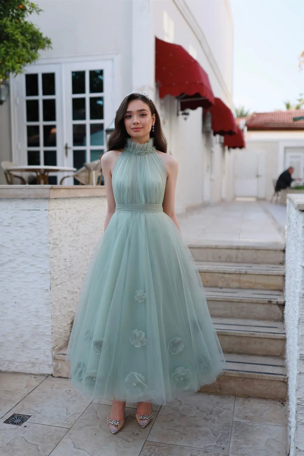 Mint Halter Flower Tea Length Tulle A Line Prom Dresses Custom Made 2024 Formal Bridal Growm Bridemaid Wear