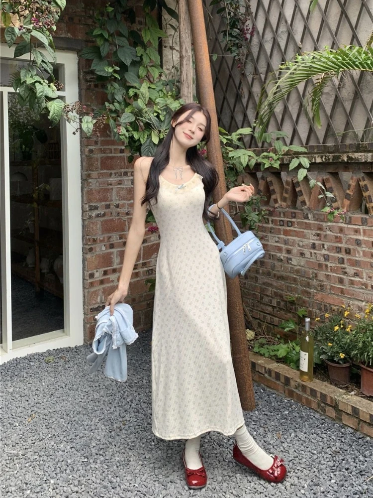 

Summer New Lace Top Bear Print Camisole Dress Women Ruffle Elegant Waist Slimming Set Dress