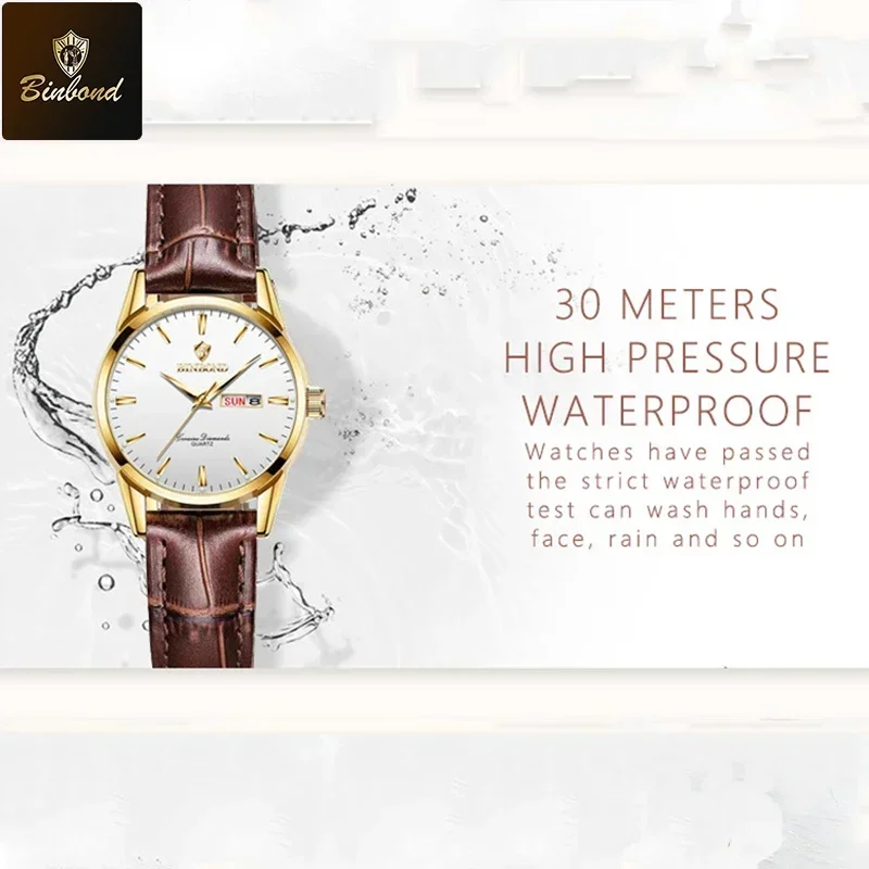 BINBOND женские часы, оригинальные модные брендовые кварцевые наручные часы, водостойкий светящийся кожаный ремешок, женские часы с двойным календарем
