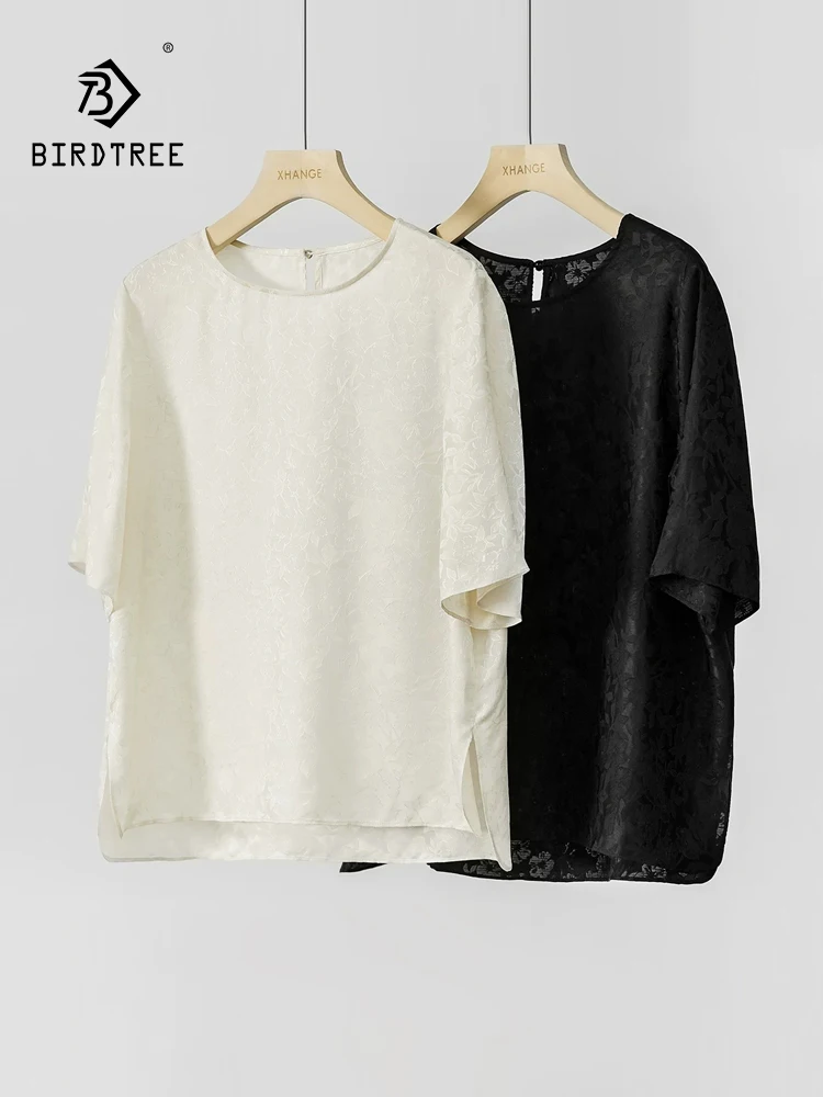BirdTree-100%Real Silk Hua Luo Elegant T-Shirt, Short Sleeve O Neck Jacquard, Women Retro Cool Loose Top, 2026 Summer T63636CC