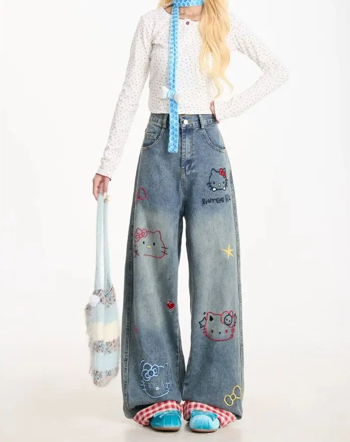 

HelloKitty женские джинсы светло-голубые ретро с вышивкой в клетку в стиле пэчворк с несколькими карманами винтажные уличные джинсовые брюки женские брюки