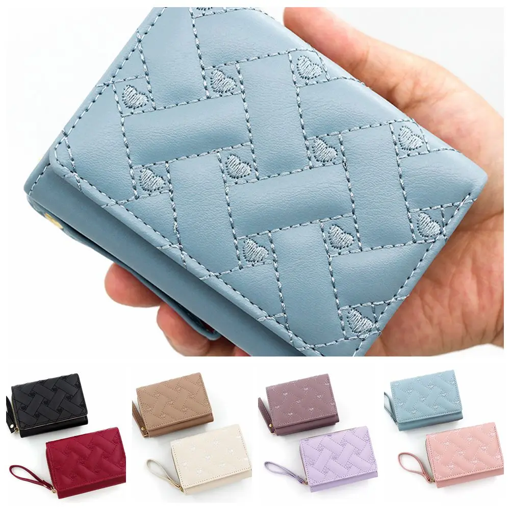 

Portability PU Leather Love Embroidered Wallet Zips Clutch Triple Fold Bag Versatile Large Capacity Multi Card Wallet Travelling