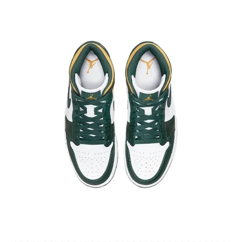 Air Jordan 1 Mid Seattle Supersonics Tênis de basquete retrô de cano alto masculino branco verde amarelo 554724 -371