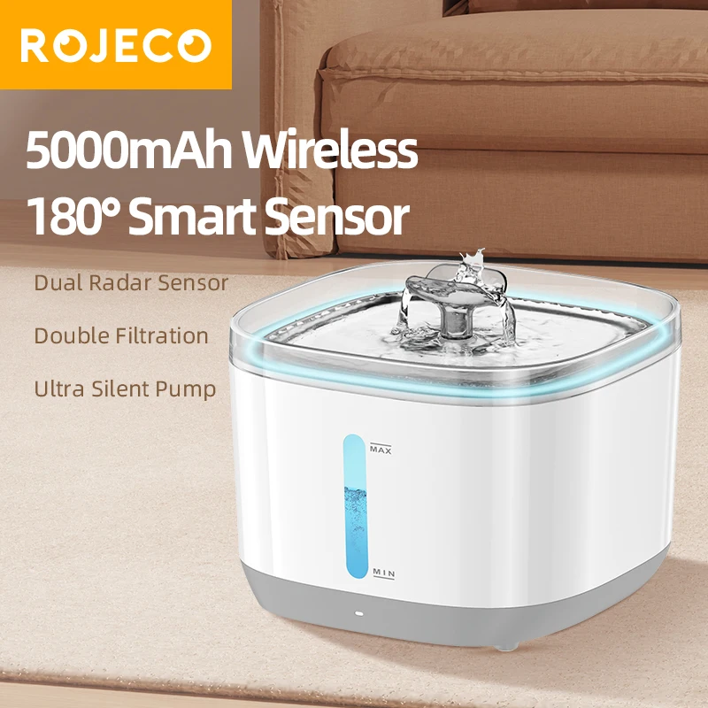 ROJECO Automatic Cat Water Fountain 5000mAh Wireless Cat Drinking Fountain with Dual Radar Sensor for Pet Dog Water Dispenser