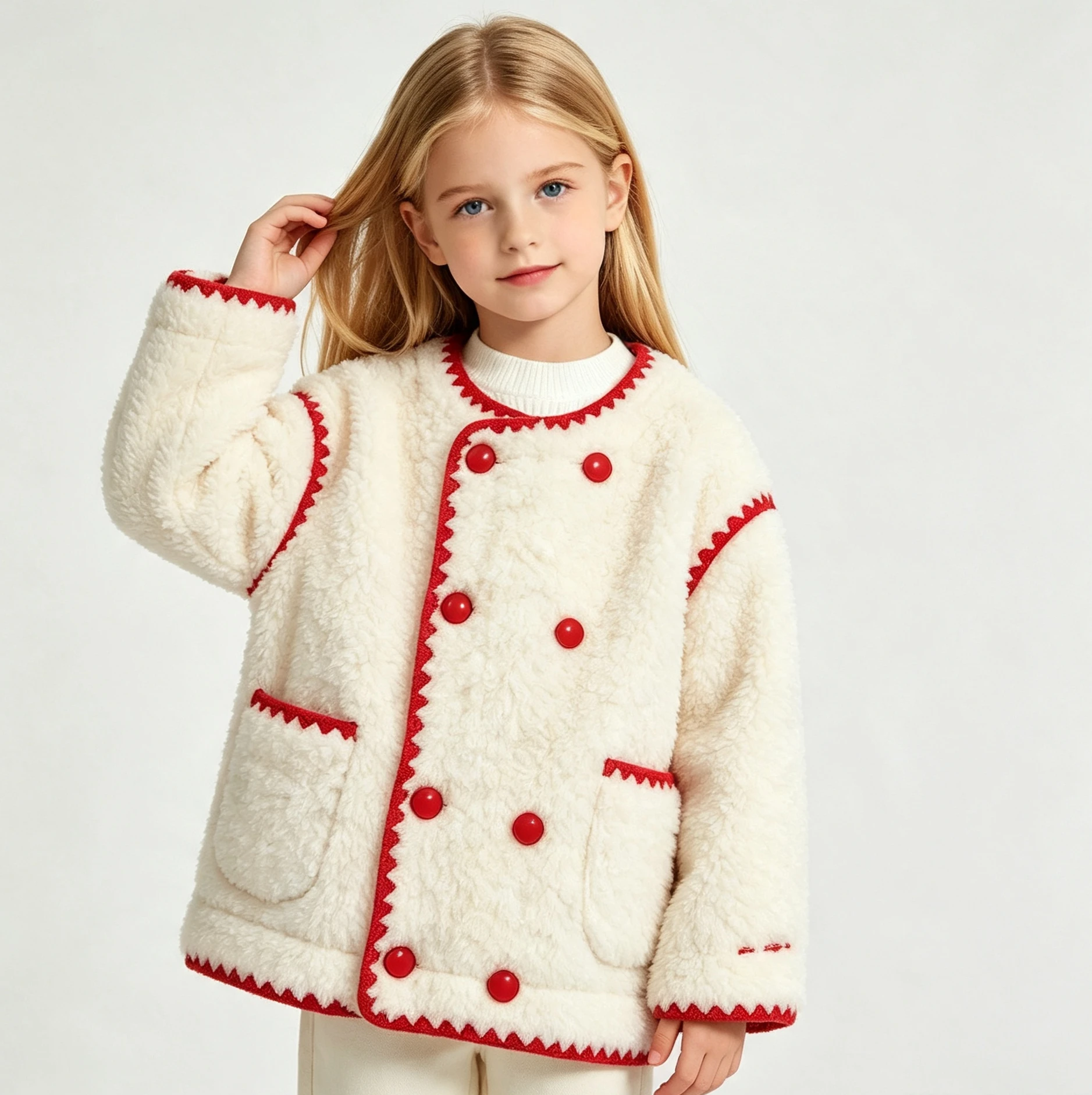 Mädchenmantel 2026 Herbst Winter Koreanischer Mädchenmantel mit Kontrastfarben, Roter Samt, Doppelreihig, Dicker Weißer Pelzmantel – Detail 1