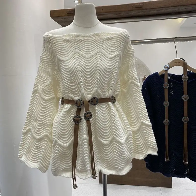 Women Off Shoulder Striped Knitted Sweater Autumn Winter Textured Slouchy Pullover Korean Elegant Warm Tops 2026