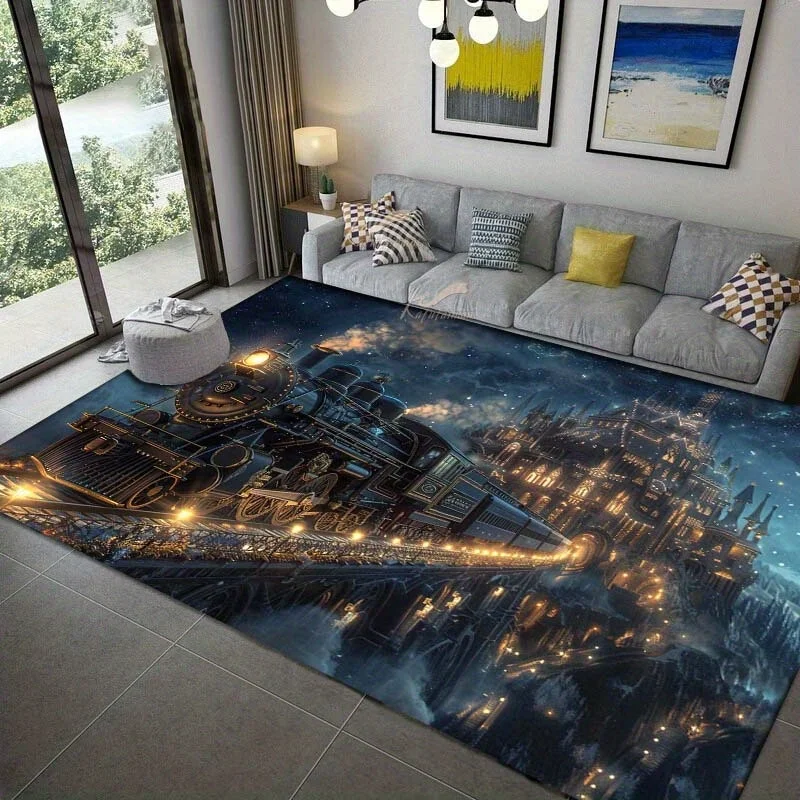 Steampunk Industrial Train Area Rug Non Slip Washable Floor Mat For Living Room Bedroom Kitchen Home Decor