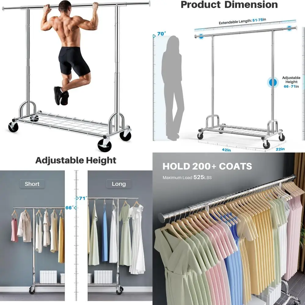 

Heavy-Duty Rolling Clothes Rack for Hanging, 525lbs Capacity, Collapsible and Portable Garment Storage Rack with Wheels for Clot