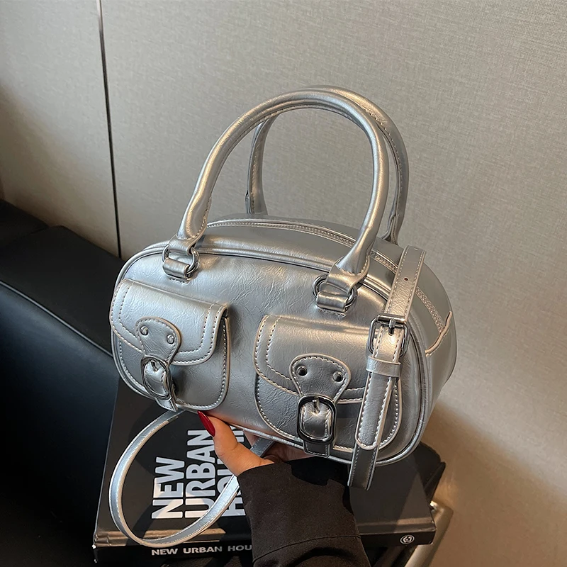 

Luxury Silver Shoulder Bag Trendy Solid Color Leather Small Handbag With Short Handle Satchel Tote Clutch Bag Zipper Purse