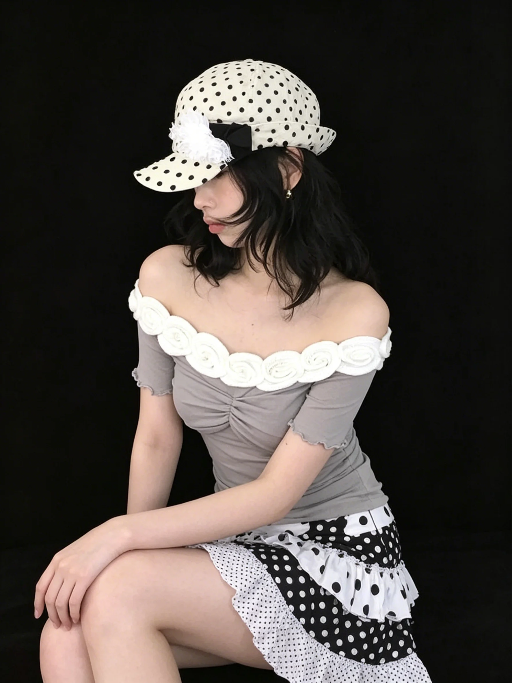 Summer New Retro Black and White Polka Dot Cake Skirt Multi-Layer Ruffle Color Block Flirty Short Skirt Women's Clothing