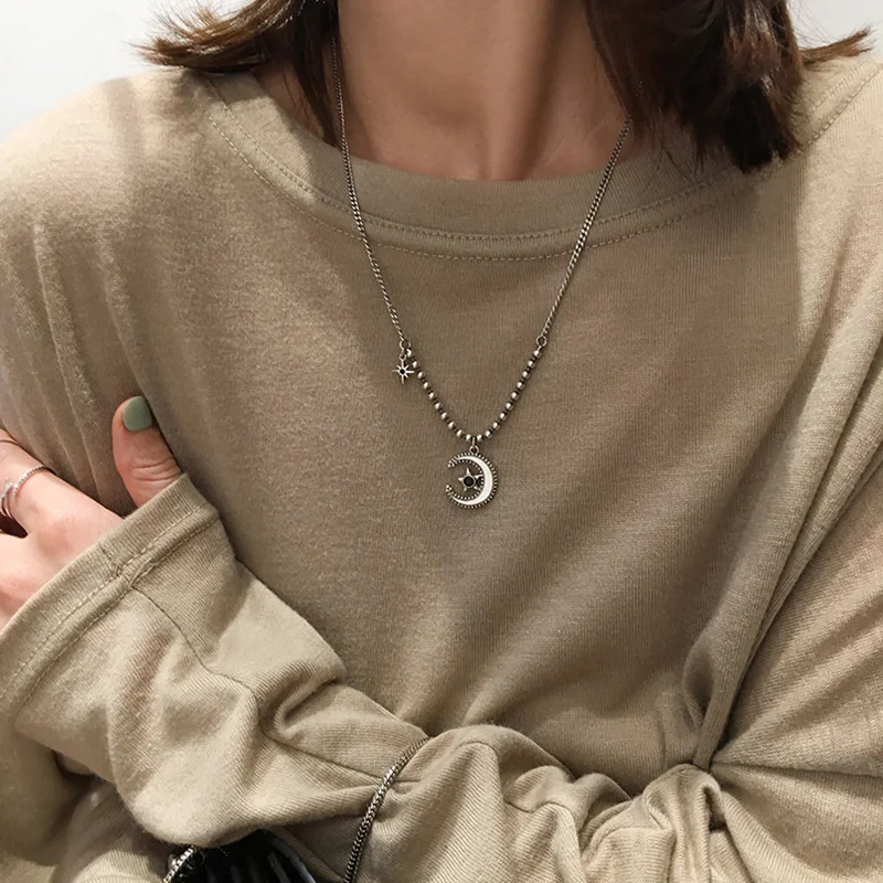 Vintage Punk Hiphop Silver Plated Tassel Star Moon Charm Pendent Necklace For Women Girls Elegant Wedding Jewelry Gift dz061