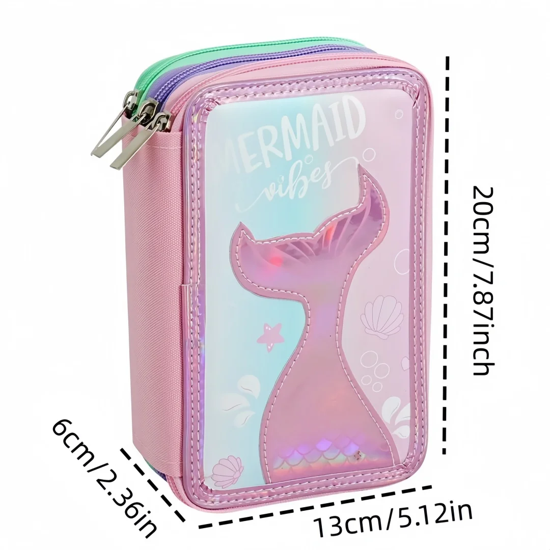 3‑Layer Zipper Pencil Case, 52‑Slots Heart Flower Mermaid Pattern, Large‑Capacity Art Student Stationery Organizer