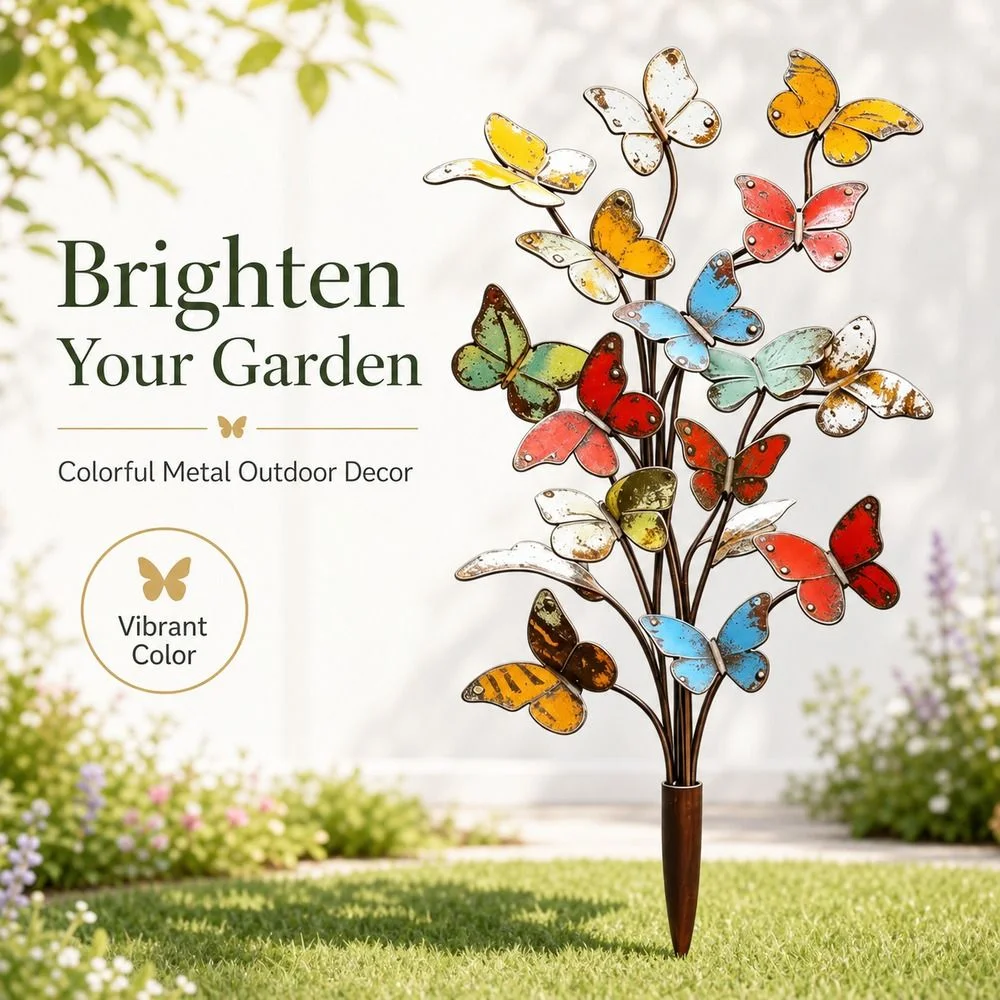 2D Flat Butterfly Garden Stake Decorative Metal Butterfly Yard Stake Colorful Butterfly Shape Decorative Yard Sign
