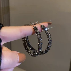 Women Elegant Exquisite Jewelry New Fashion Simple Trend Round Black Rhinestone Hoop Earrings Geometric Earrings Gifts Wholesale