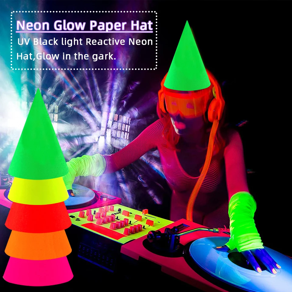 Neon Birthday Hats Fluorescent Happy Birthday Party Hats Glow in the UV For Kids 80s 90s Birthday Black Light Party Decorations