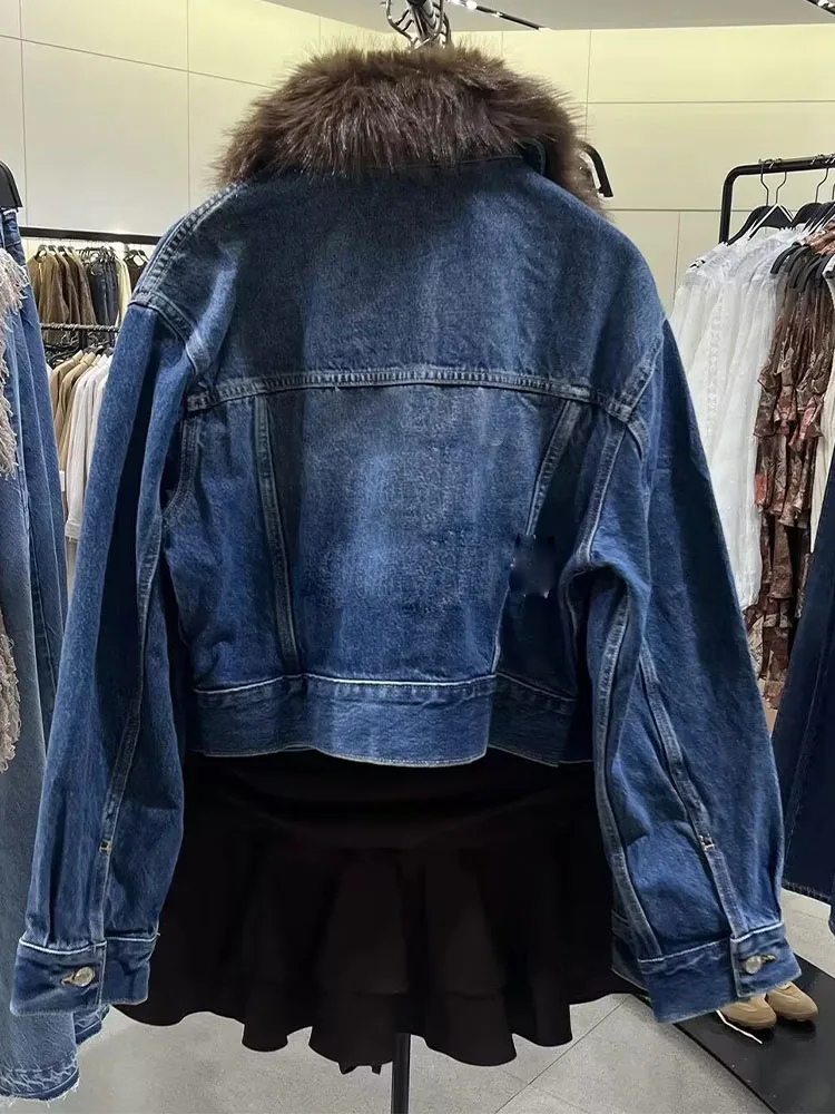 معطف نسائي من قماش الدنيم لخريف 2025 جاكيت منفوخ بأكمام طويلة وجيب وياقة من الفرو معطف قصير Chaqueta Ropa De Mujer ملابس خارجية للشارع #4