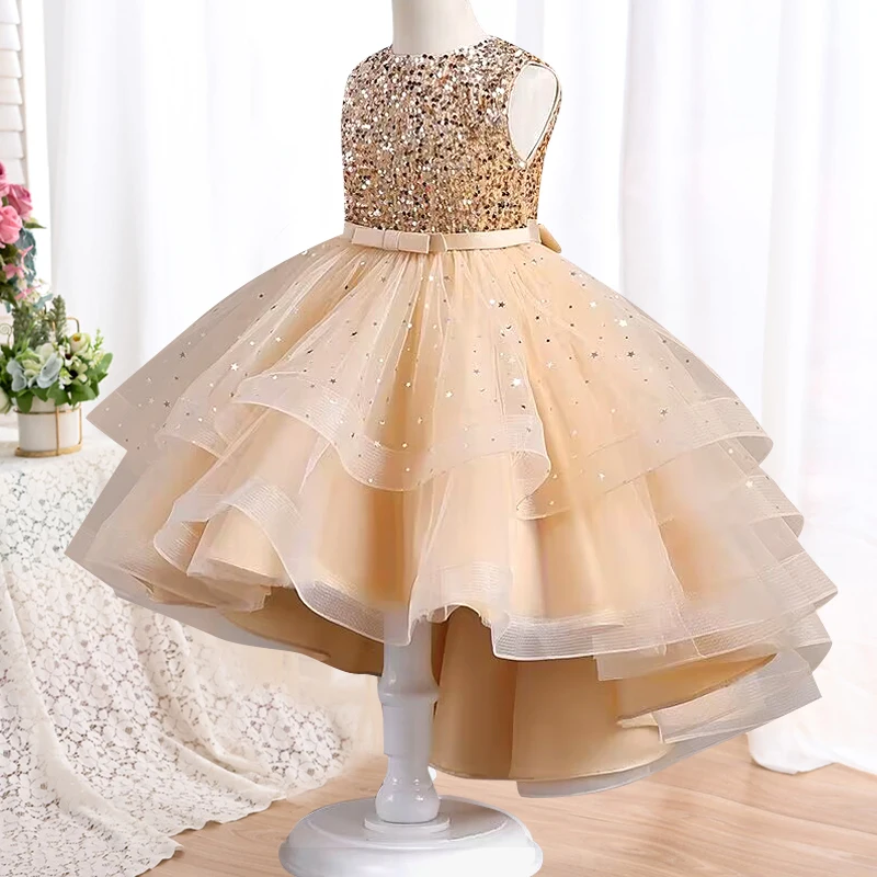 Girls\' Dress 2023 New Sequin Sleeveless Tailed Princess Dress Bowtie Mesh Dress Fashion High end Banquet Host Performance Dress