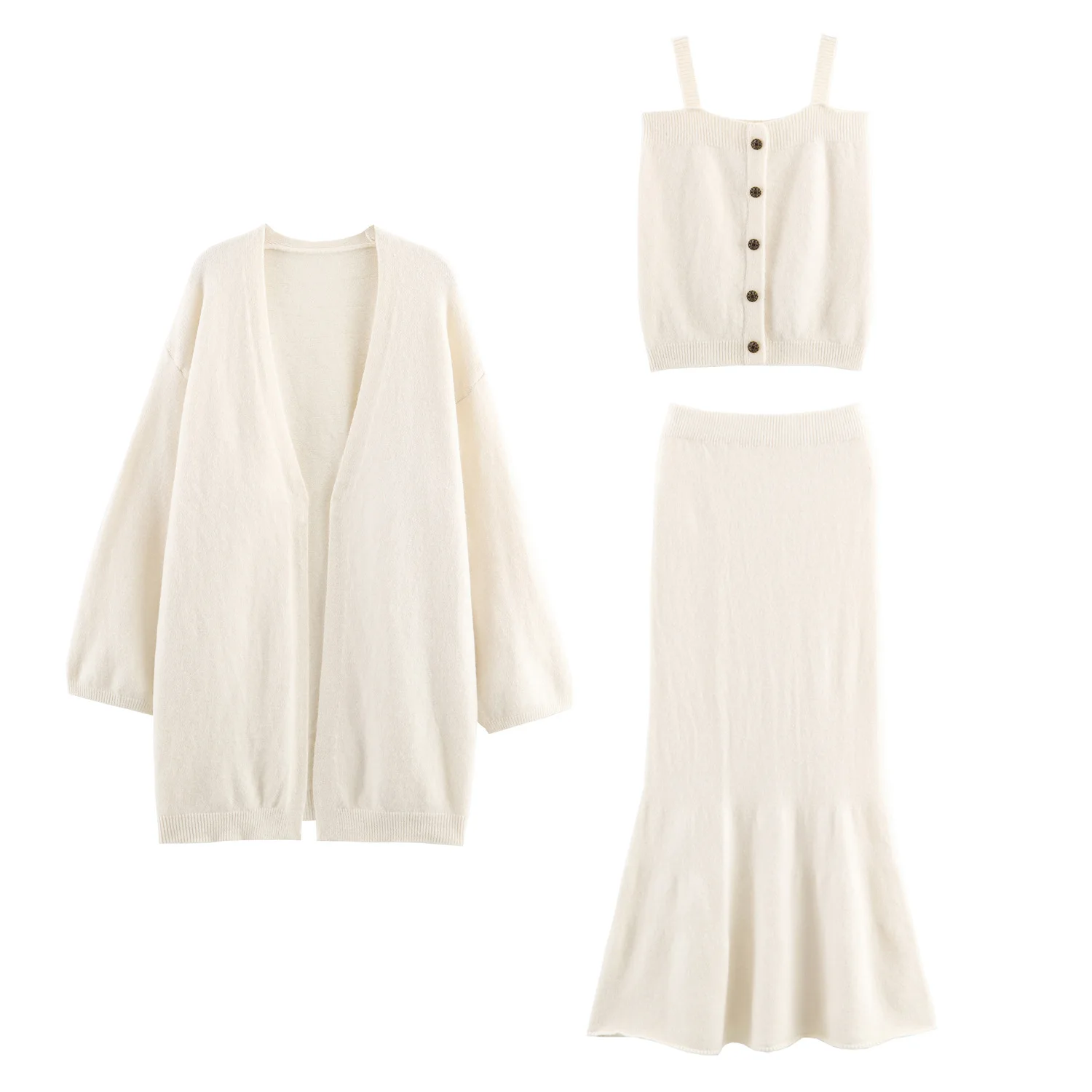 

New Fashion Casual Long Sleeve V-neck Knitting Solid Color Slim Fit Outerwear + Single Breasted Tank Top + Eastic Waist Skirt Se