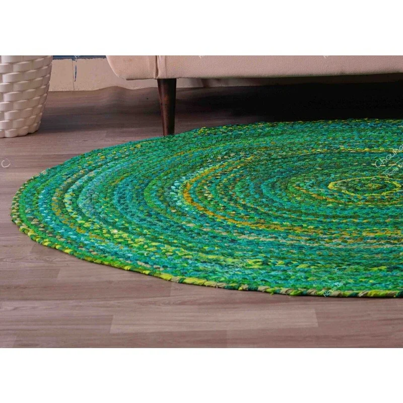 Handmade Cotton Round Rug/Doormat Green Round Handmade Rug for Living Room Rugs