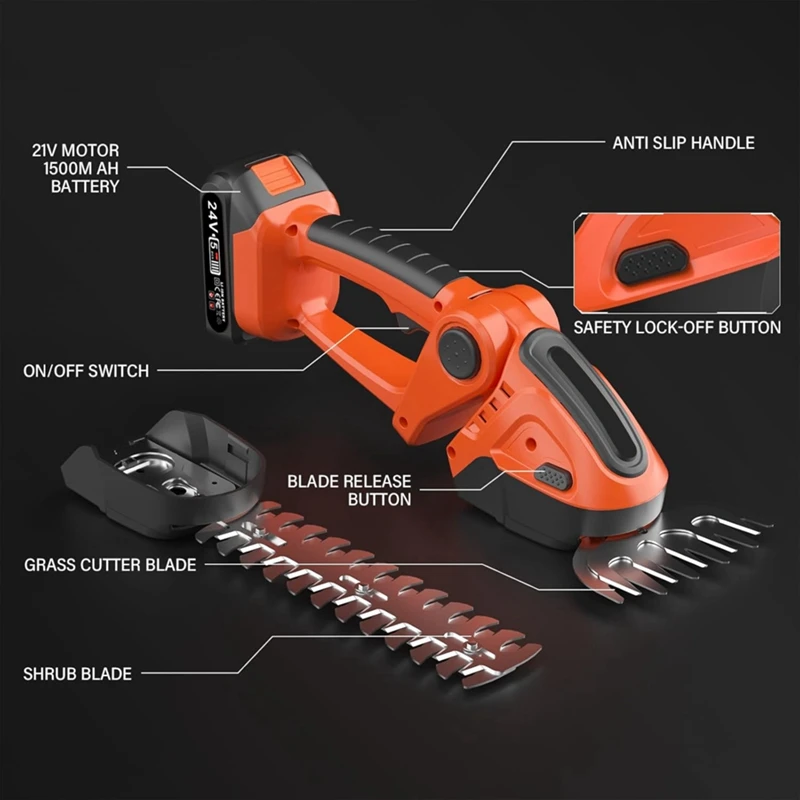 PZHI Electric Hedge Trimmer Lawn Mower 24V Battery Garden Bush Scissors Grass Trimmer 2 Blades 90° Adjustable Head