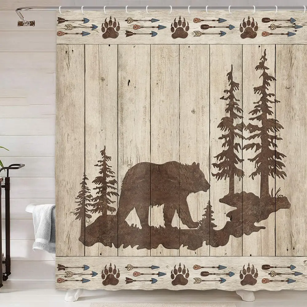 Cabin Forest Bear Shower Curtain, Wild Bear Silhouette Pine Trees Paw Print Arrow Rustic Wood Board Waterproof Partition Curtain